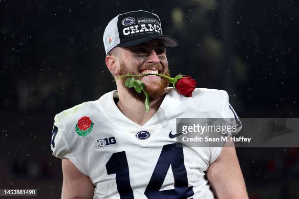 Sean Clifford of the Penn State Nittany Lions celebrates after defeating the Utah Utes in the 2023 Rose Bowl Game at Rose Bowl Stadium on January 02,...