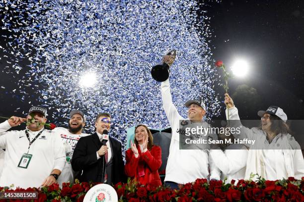 Head coach James Franklin of the Penn State Nittany Lions hoist the Leishman Trophy after defeating the Utah Utes in the 2023 Rose Bowl Game at Rose...