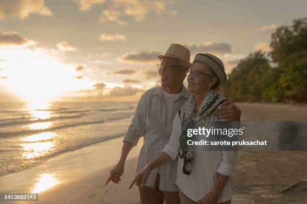 elderly couple strolling, relaxing by the beach and beautiful sunset. senior couple, beach. - romantic couple walking winter beach stock-fotos und bilder