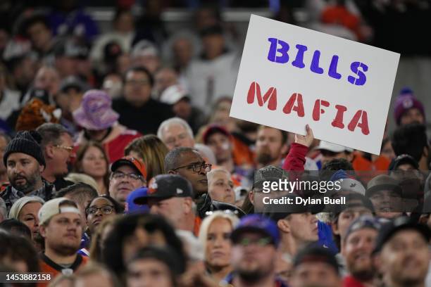 Buffalo Bills fan holds up a sign during the first quarter of the game against the Cincinnati Bengals at Paycor Stadium on January 02, 2023 in...