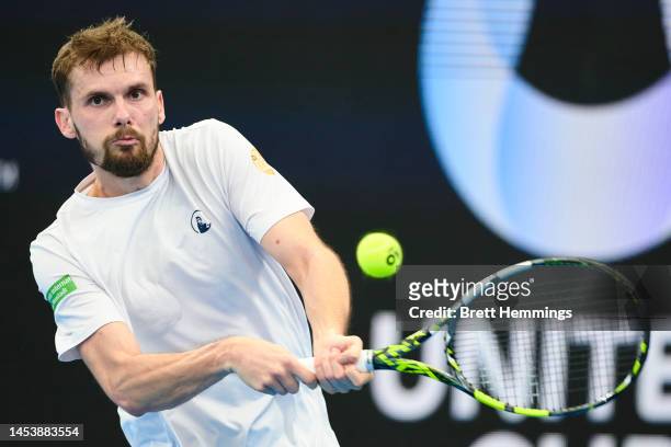 Oscar Otte of Germany competes in the Group C match against Frances Tiafoe of the USA during day six of the 2023 United Cup at Ken Rosewall Arena on...