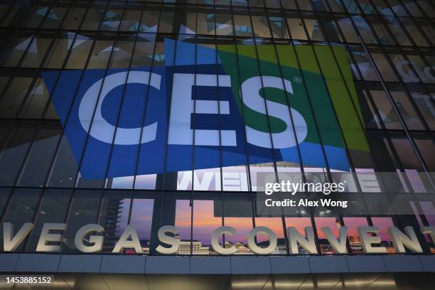 The CES logo is displayed at the West Hall of Las Vegas Convention Center on January 2, 2023 in Las Vegas, Nevada. CES, the world's largest annual...