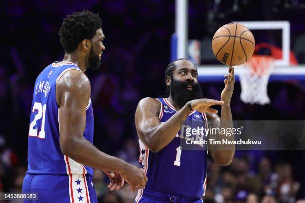 James Harden of the Philadelphia 76ers reacts during the fourth quarter against the New Orleans Pelicans at Wells Fargo Center on January 02, 2023 in...