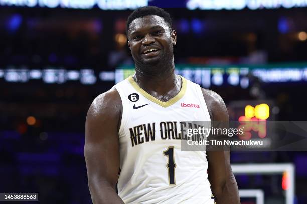 Zion Williamson of the New Orleans Pelicans reacts during the third quarter against the Philadelphia 76ers at Wells Fargo Center on January 02, 2023...