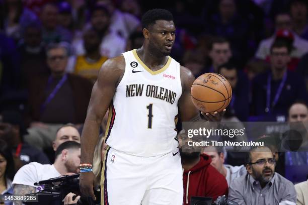 Zion Williamson of the New Orleans Pelicans looks on during the second quarter against the Philadelphia 76ers at Wells Fargo Center on January 02,...