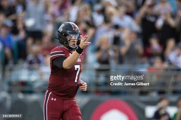Spencer Rattler of the South Carolina Gamecocks reacts during the first half of the TaxSlayer Gator Bowl against the Notre Dame Fighting Irish at...