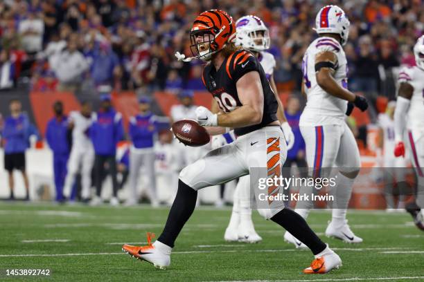 Hayden Hurst of the Cincinnati Bengals reacts after his first down reception against the Buffalo Bills during the first quarter at Paycor Stadium on...