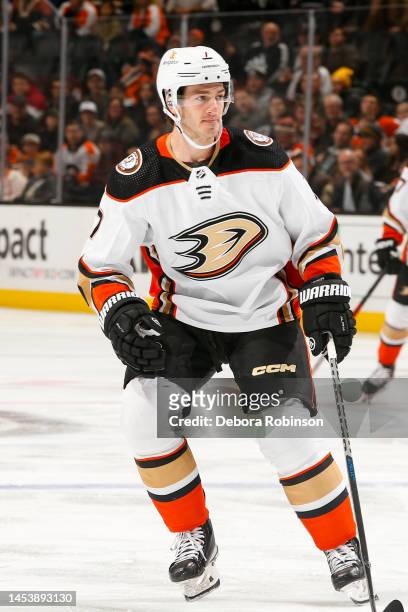 Jayson Megna of the Anaheim Ducks skates on the ice during the first period against the Philadelphia Flyers at Honda Center on January 2, 2022 in...