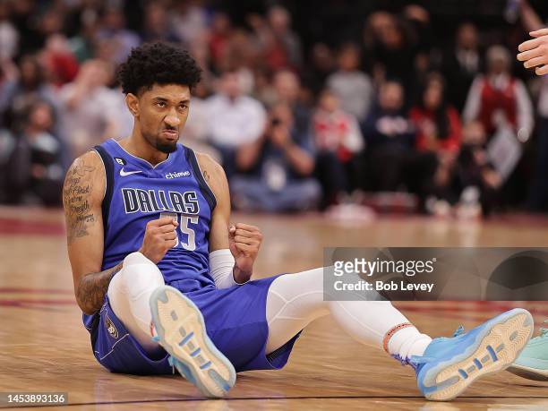 Christian Wood of the Dallas Mavericks reacts after being fouled on a three point basket shot during the fourth quarter against the Houston Rockets...