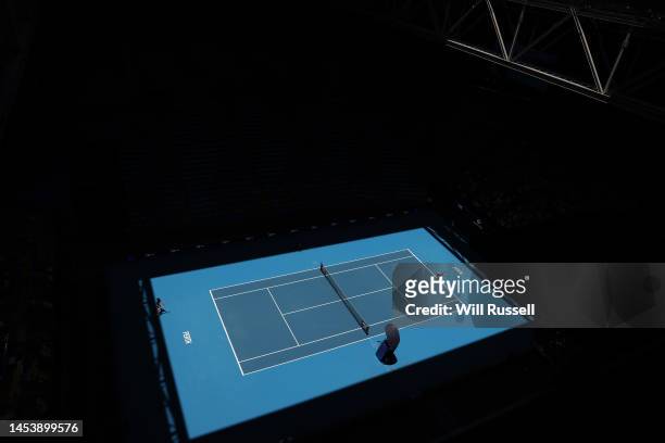 General view of play in the Men's singles match between Stefanos Sakellaridis of Greece and Zizou Bergs of Belgium during day six of the 2023 United...