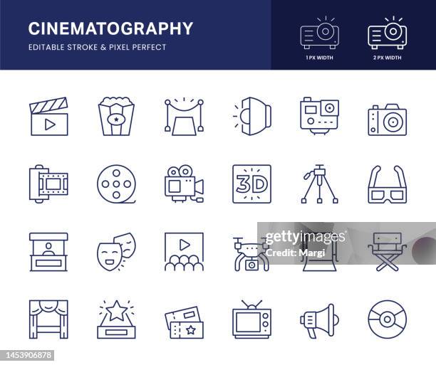 cinematography line icons. this icon set consists of clapperboard, red carpet, 3d, film reel, movie camera and so on. - spotlight icon stock illustrations