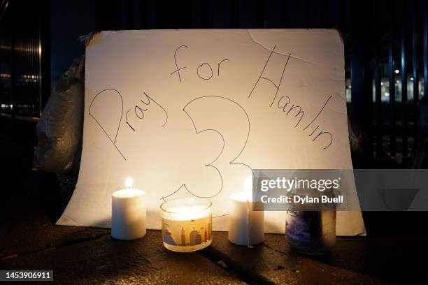 Vigil is displayed at the University of Cincinnati Medical Center for football player Damar Hamlin of the Buffalo Bills after he collapsed following...