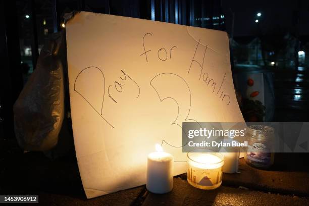 Vigil is displayed at the University of Cincinnati Medical Center for football player Damar Hamlin of the Buffalo Bills after he collapsed following...