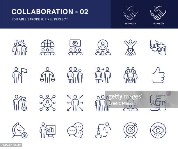 symbole für die kollaborationslinie. dieses icon-set besteht aus arbeitsgruppe, globale partner, outsourcing, koordination, hierarchie, teamzusammenhalt und so weiter. - koordination stock-grafiken, -clipart, -cartoons und -symbole