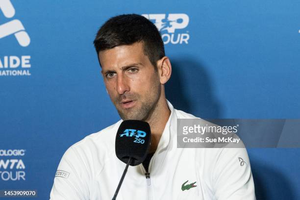 Novak Djokovic of Serbia attends a press conference after his win against Constant Lestienne of France during day three of the 2023 Adelaide...