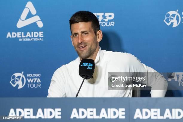 Novak Djokovic of Serbia attends a press conference after his win against Constant Lestienne of France during day three of the 2023 Adelaide...