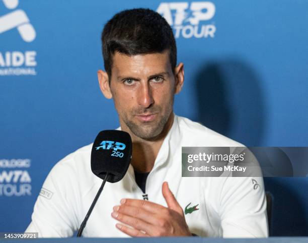 Novak Djokovic of Serbia attends a press conference after his win against Constant Lestienne of France during day three of the 2023 Adelaide...