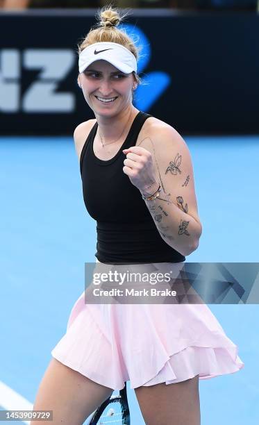 Marketa Vondrousova of Czech Republic celebrates winning the match against Ekaterina Alexandrova during day three of the 2023 Adelaide International...