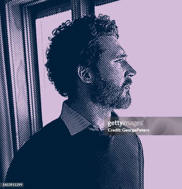 pensive man - business man looking through window stock illustrations
