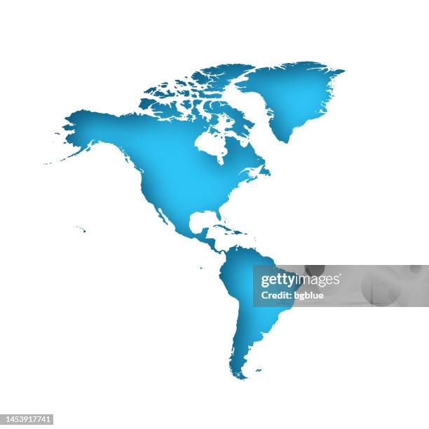 america map - white paper cut out on blue background - america continent map stock illustrations