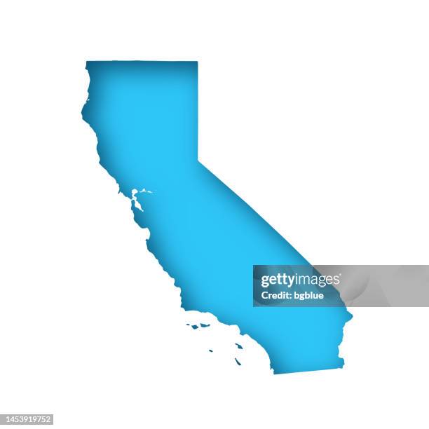 ilustraciones, imágenes clip art, dibujos animados e iconos de stock de mapa de california - libro blanco recortado sobre fondo azul - california