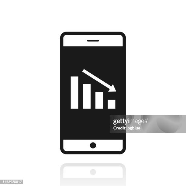 decreasing chart on smartphone. icon with reflection on white background - smash computer stock illustrations