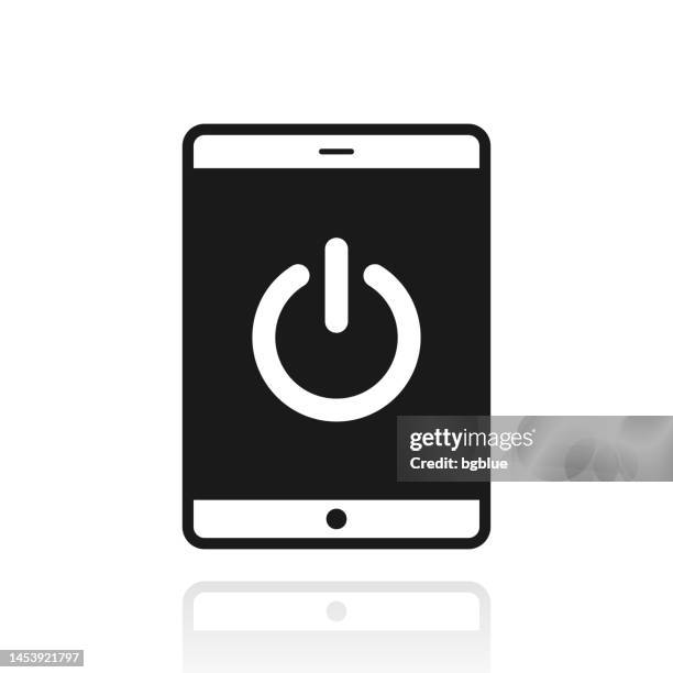 tablet pc with power button. icon with reflection on white background - using ipad white background stock illustrations