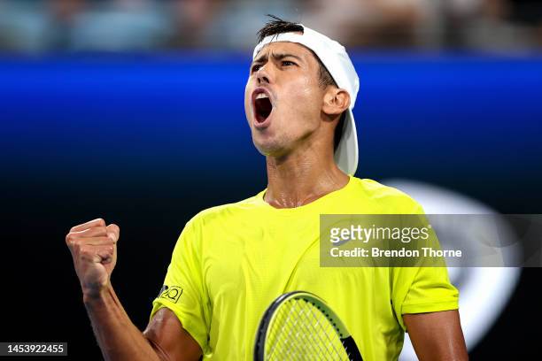Jason Kubler of Australia celebrates a point in his group D match against Albert Ramos-Vinolas of Spain during day six of the 2023 United Cup at Ken...