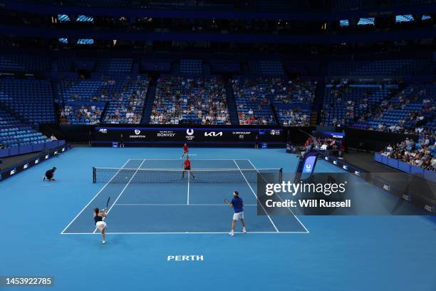 General view of play of the mixed doubles match between Maria Sakkari and Stefanos Tsitsipas of Greece and Kirsten Flipkens and Michael Gerts of...