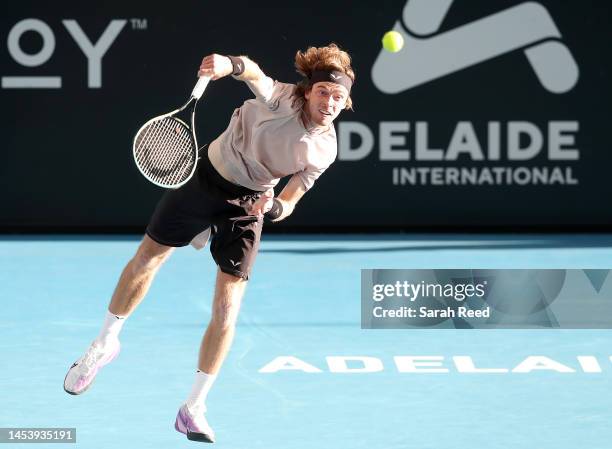 Andrey Rublev competes against Roberto Bautista Agut of Spain during day three of the 2023 Adelaide International at Memorial Drive on January 03,...