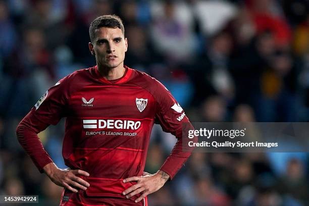 Erik Lamela of Sevilla FC reacts during the LaLiga Santander match between RC Celta and Sevilla FC at Estadio Abanca Balaidos on December 30, 2022 in...