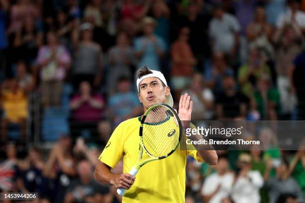 Jason Kubler of Australia celebrates match point in his group D match against Albert Ramos-Vinolas of Spain during day six of the 2023 United Cup at...