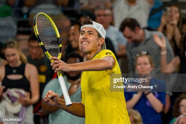 Jason Kubler of Australia celebrates winning match point in his group D match against Albert Ramos-Vinolas of Spain during day six of the 2023 United...