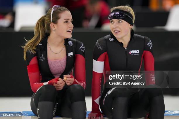 Robin Groot of Team IKO and Joy Beune of Team IKO after competing on the Women's 5000m during the KNSB Speed Skating NK Allround on December 28, 2022...