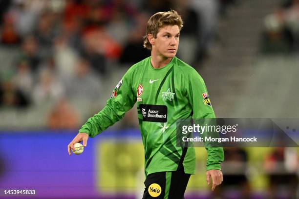 Adam Zampa of the Stars reacts after attempting a mankad dismissal on Tom Rogers of the Renegades during the Men's Big Bash League match between the...