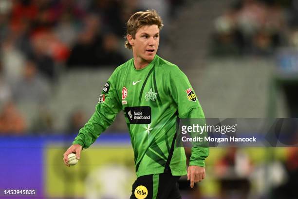 Adam Zampa of the Stars reacts after attempting a mankad dismissal on Tom Rogers of the Renegades during the Men's Big Bash League match between the...