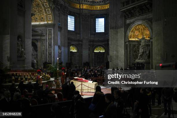 The body of Pope Emeritus Benedict XVI lies in state at St. Peter's Basilica on January 03, 2023 in Vatican City, Vatican. Joseph Aloisius Ratzinger...