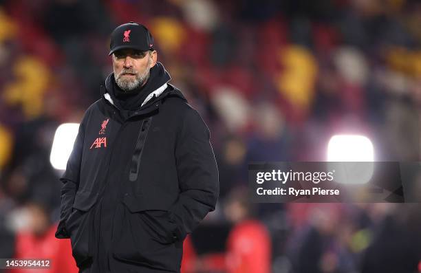 Juergen Klopp, Manager of Liverpool, looks on prior to the Premier League match between Brentford FC and Liverpool FC at Brentford Community Stadium...