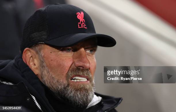 Juergen Klopp, Manager of Liverpool, looks on prior to the Premier League match between Brentford FC and Liverpool FC at Brentford Community Stadium...