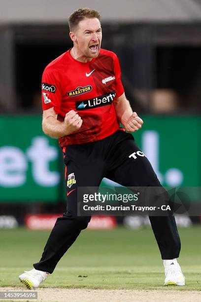 Tom Rogers of the Renegades celebrates the wicket of Hilton Cartwright of the Stars during the Men's Big Bash League match between the Melbourne...