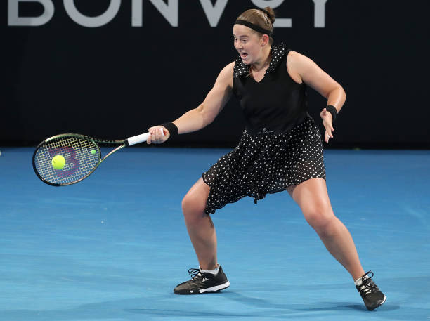 Jelena Ostapenko of Latvia competes against Karolina Pliskova of Czechoslavakia during day three of the 2023 Adelaide International at Memorial Drive...