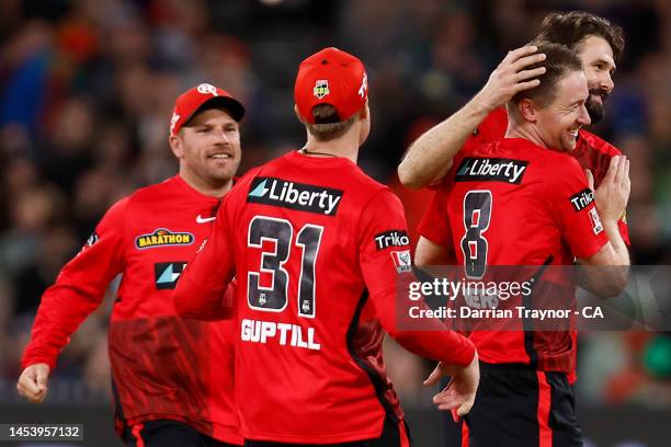 Tom Rogers of the Renegades celebrates his 5th wicket after dismissing Luke Wood of the Stars during the Men's Big Bash League match between the...