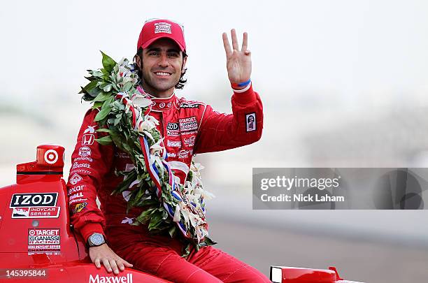 Three time Indy 500 winner, Dario Franchitti of Scotland, driver of the Target Chip Ganassi Racing Honda, poses on the yard of bricks during the...