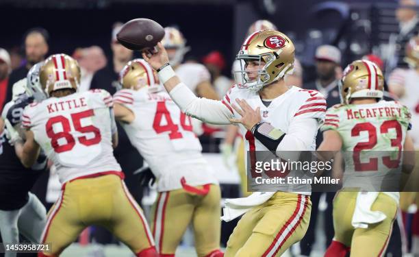 Quarterback Brock Purdy of the San Francisco 49ers throws against the Las Vegas Raiders in the fourth quarter of their game at Allegiant Stadium on...