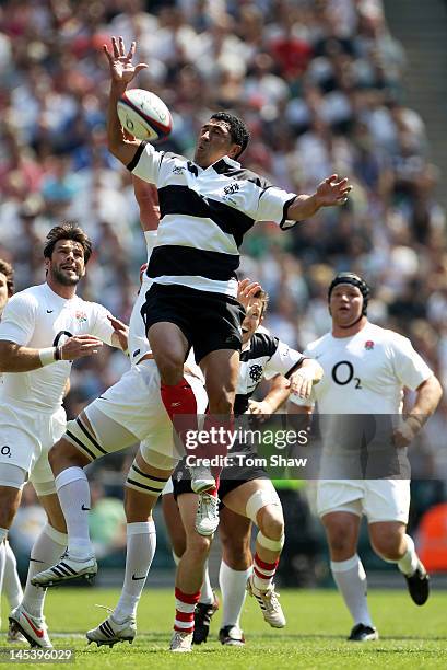 Mils Muliaina of The Barbarians attempts to win a high ball during the Killik Cup match between England and The Barbarians at Twickenham Stadium on...