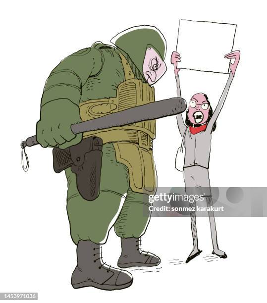 counter protester woman and police - totalitarianism stock illustrations