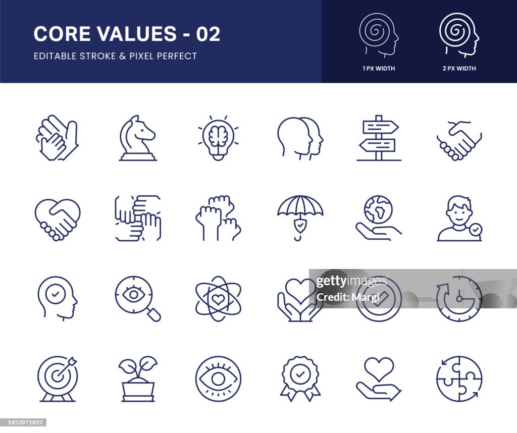 Icone di linea dei valori fondamentali. Questo set di icone è costituito da resilienza, fiducia, crescita, responsabilità sociale e così via.