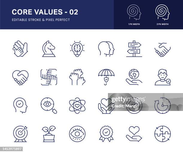 stockillustraties, clipart, cartoons en iconen met core values line icons. this icon set consists of resilience, trust, growth, social responsibility, and so on. - zelfvertrouwen