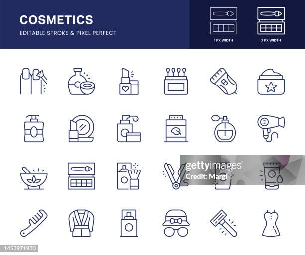 cosmetics line icons. this icon set consists of lipstick, razor, hand mirror, moisturizer, shampoo, and so on. - aromatherapy oil illustration stock illustrations