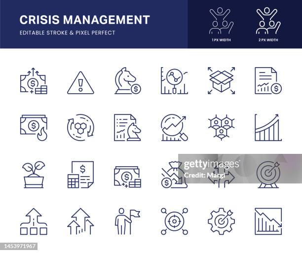 liniensymbole für das krisenmanagement. dieses icon-set besteht aus risikomanagement, finanzplanung, kapitalverlust, marktveränderungen und so weiter. - dominoeffekt stock-grafiken, -clipart, -cartoons und -symbole